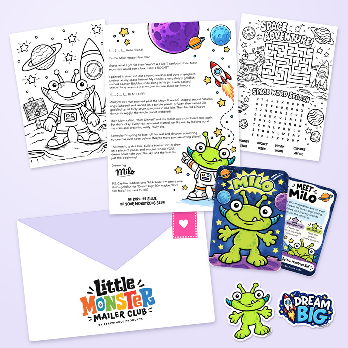 Sample envelope: a monster letter, collector card, coloring page, activity page and stickers